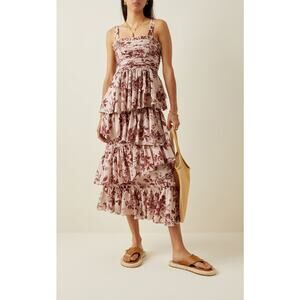 Almais Heather Tiered Organic Cotton Floral Midi Dress Burgundy - AU 4